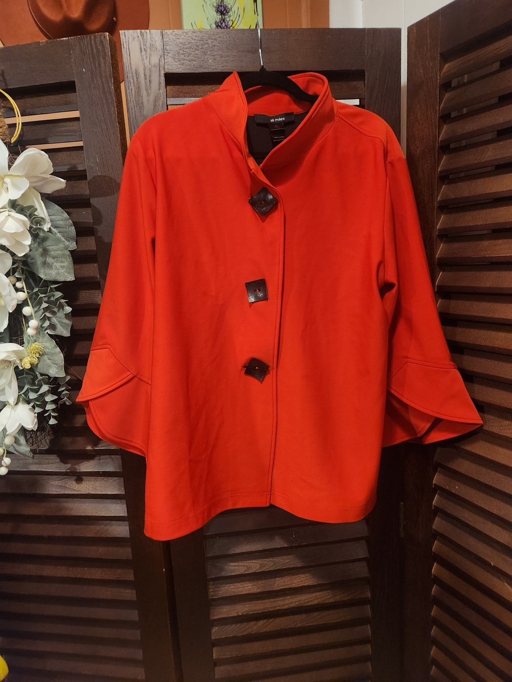 Ali Miles Red Jacket with Sculpted Buttons and Flared Sleeves